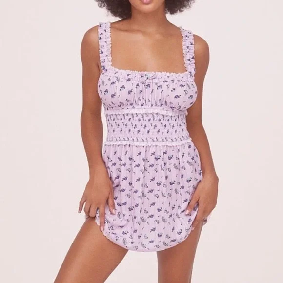 For Love and Lemons Lola Pointelle Dress purple ditsy floral baby doll dress - Picture 2 of 9
